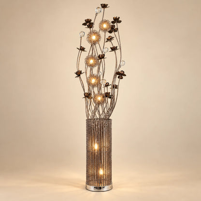 Lámpara de piso LED floral, diseño Rosas Bronce Cilíndrica – vista principal encendida