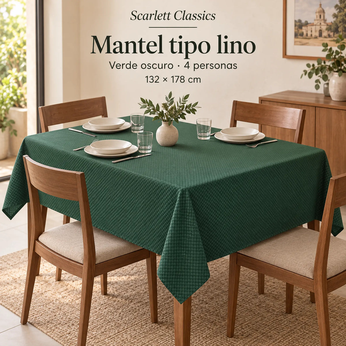 Mantel de mesa liso Scarlett Classics color verde oscuro, 4 personas