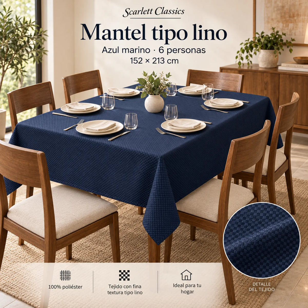 Mantel de mesa liso Scarlett Classics color navy, 6 personas