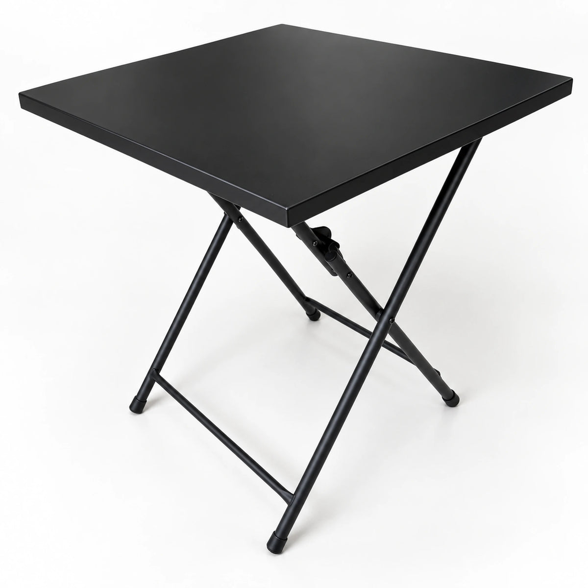 Mesa plegable metálica negra con tablero cuadrado y patas en X