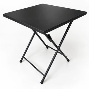 Mesa plegable metálica negra con tablero cuadrado y patas en X