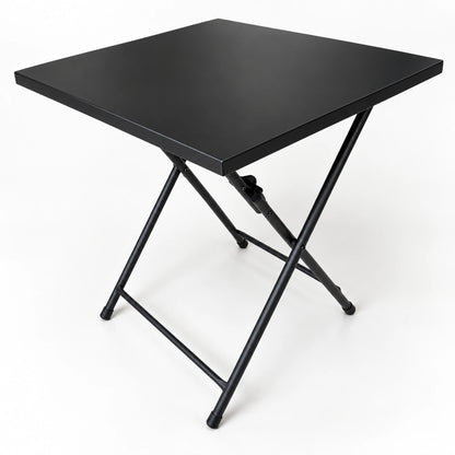 Mesa plegable metálica negra con tablero cuadrado y patas en X