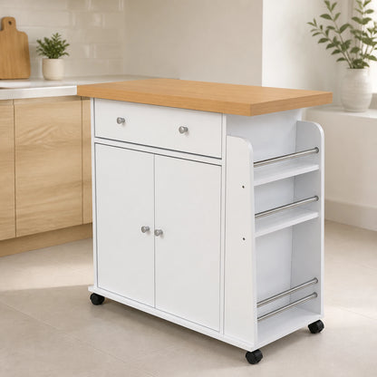 Carrito auxiliar de cocina con ruedas en color Blanco / Roble, ambientado en una cocina