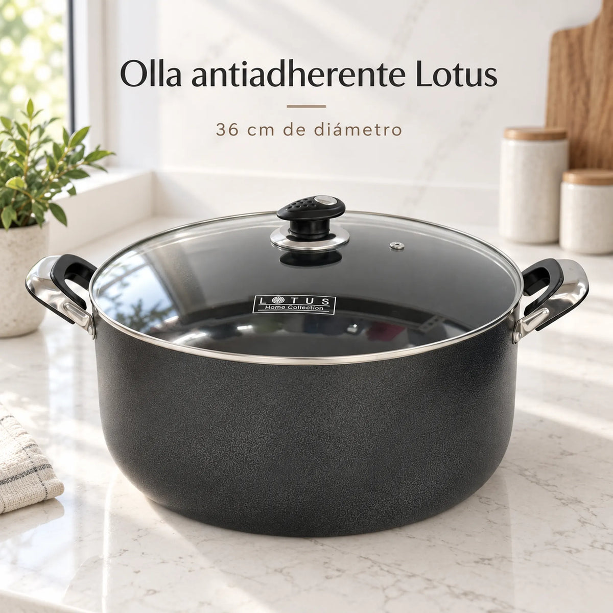 Olla alta antiadherente Lotus de 36 cm con tapa de vidrio