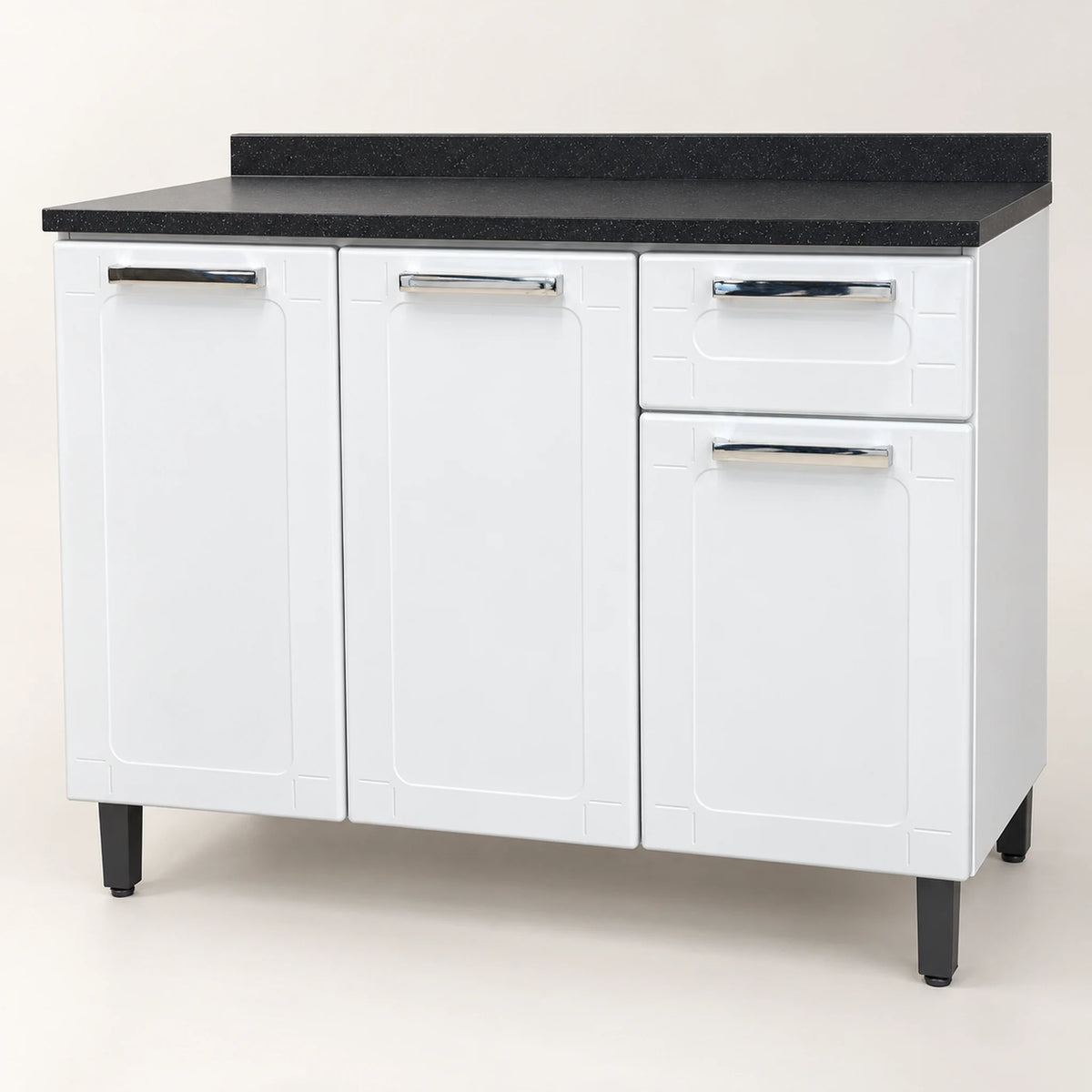 Gabinete de cocina de acero 105 cm – vista principal, blanco con tablero granito negro