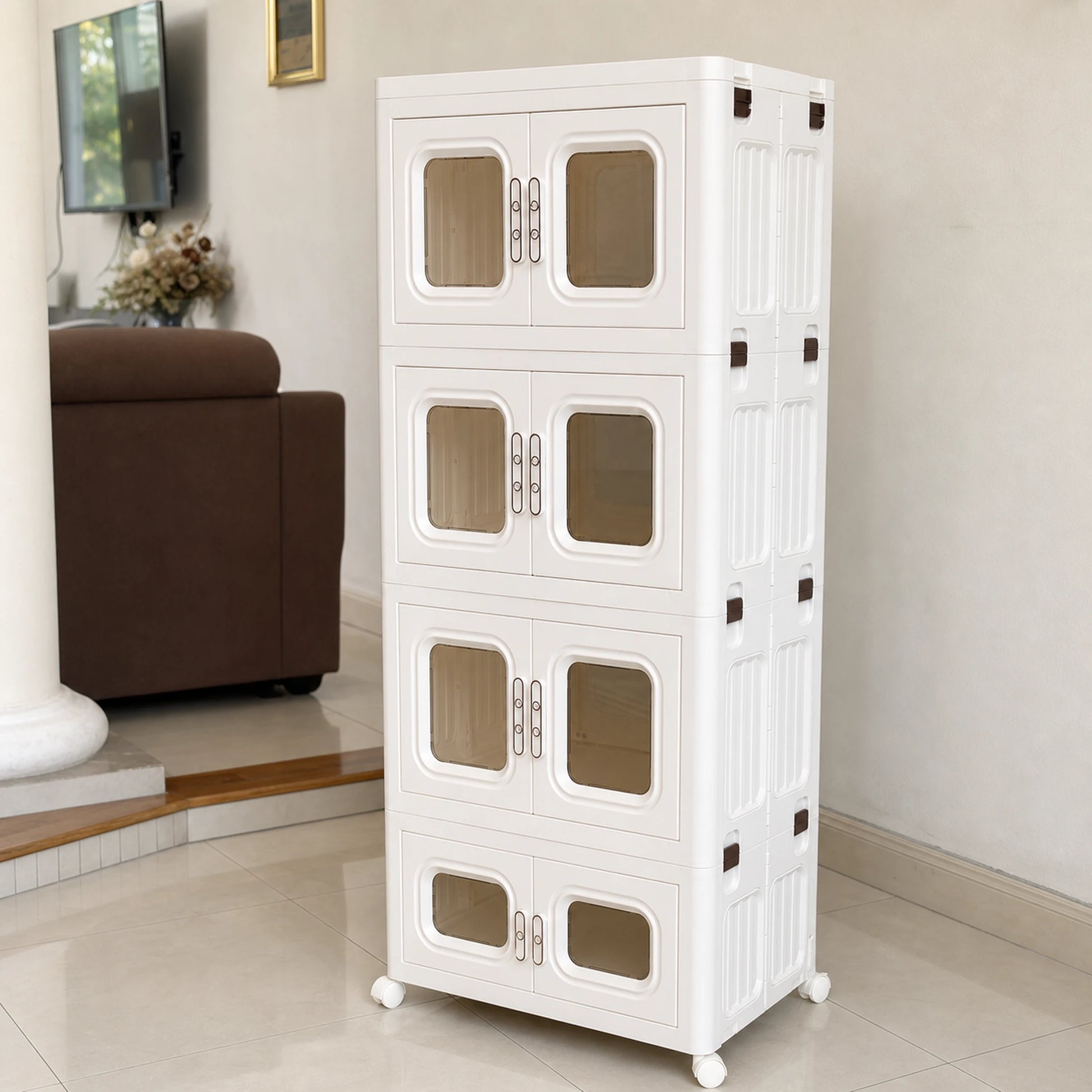 Organizador modular de plástico blanco de 4 niveles con puertas en tono ámbar