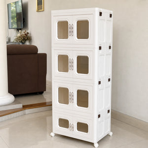 Organizador modular de plástico blanco de 4 niveles con puertas en tono ámbar