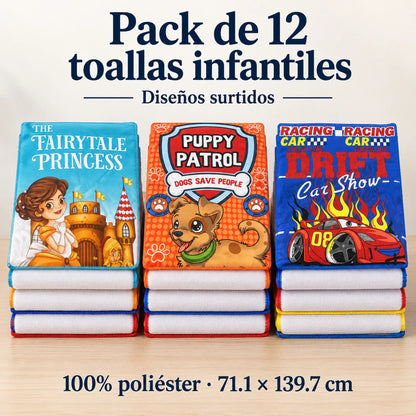 Pack de 12 Toallas Infantiles, portada del pack con diseños surtidos apilados