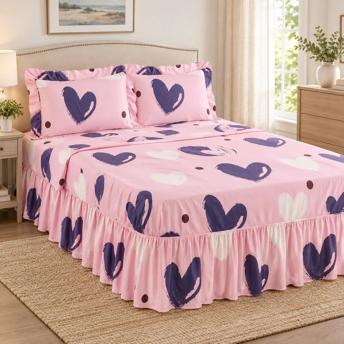 Juego de sábanas con vuelo 4 piezas, diseño Corazones Rosa y Morado – vista principal