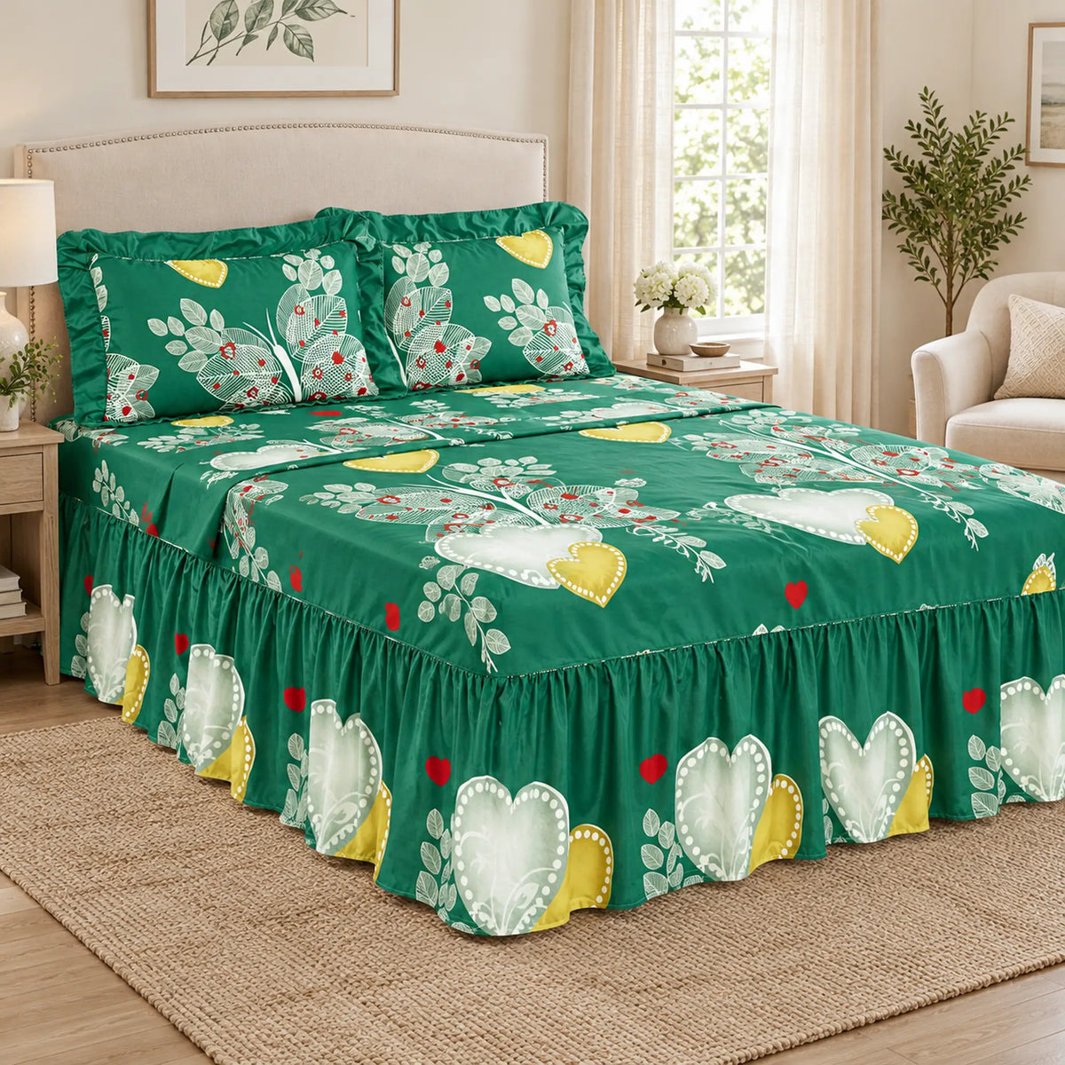 Juego de sábanas con vuelo 4 piezas, diseño Corazones Verde Esmeralda – vista principal