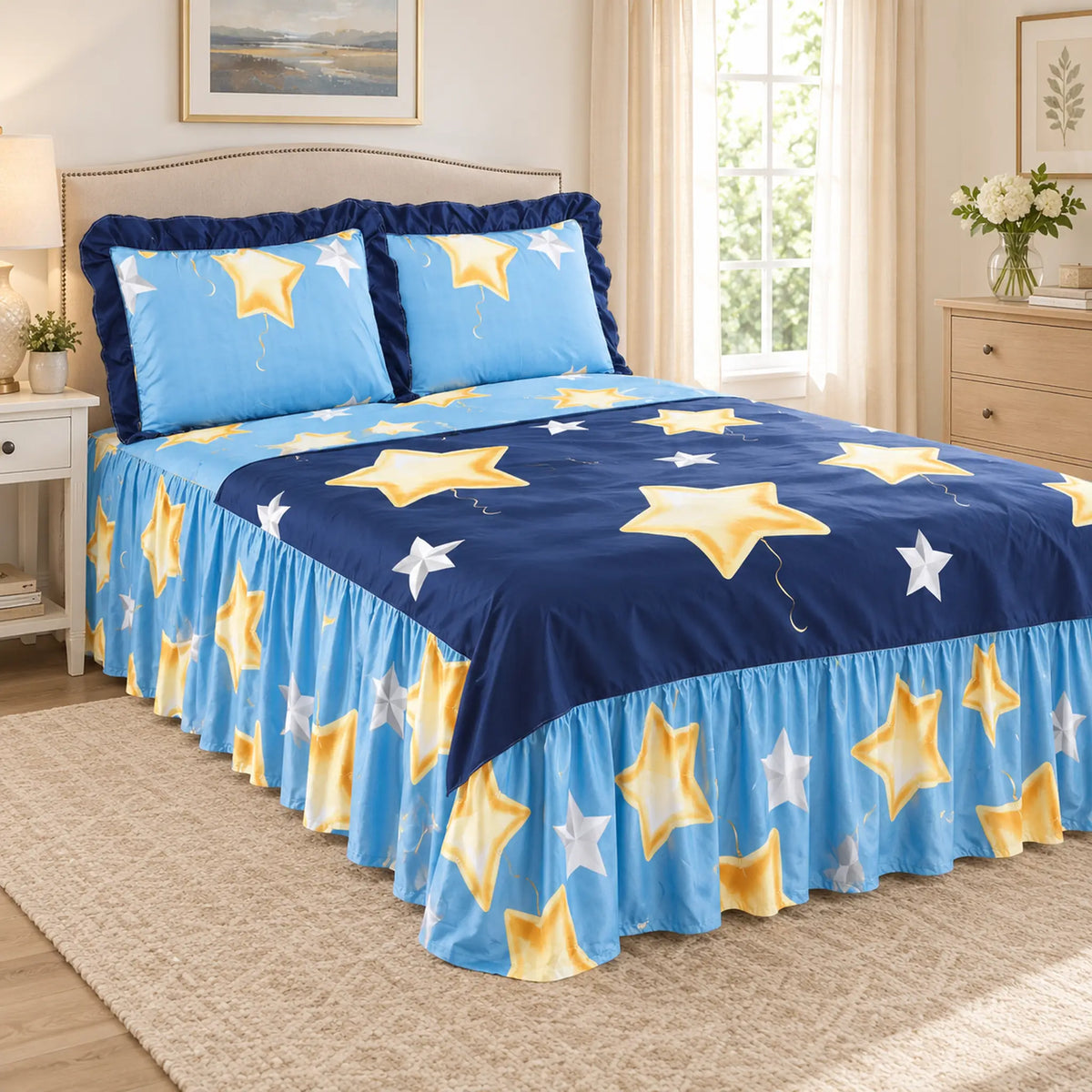 Juego de sábanas con vuelo 4 piezas, diseño Estrellas Doradas Azul – vista principal