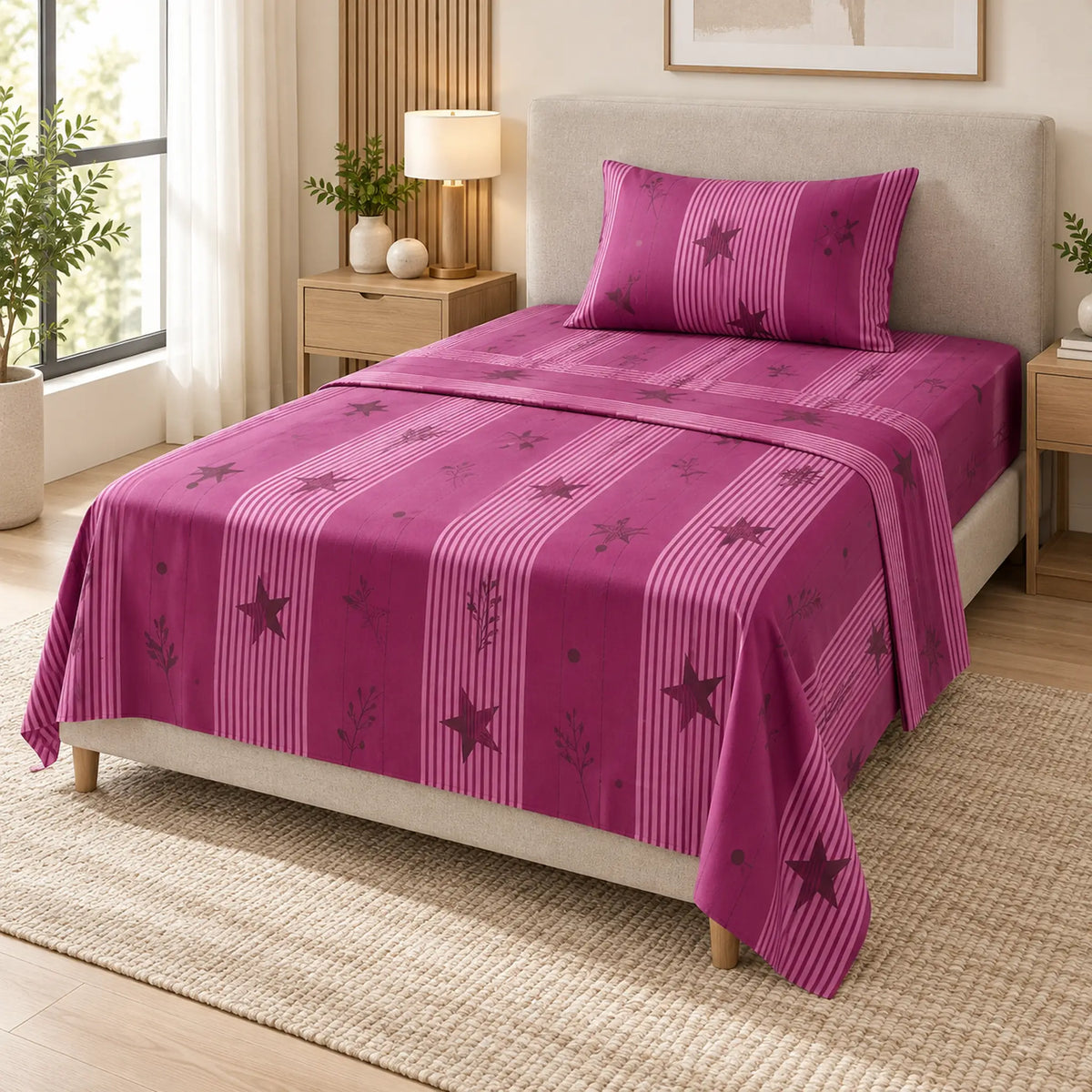 Juego de sábanas semimatrimonial 1.20 m, diseño Estrellas Magenta – vista principal