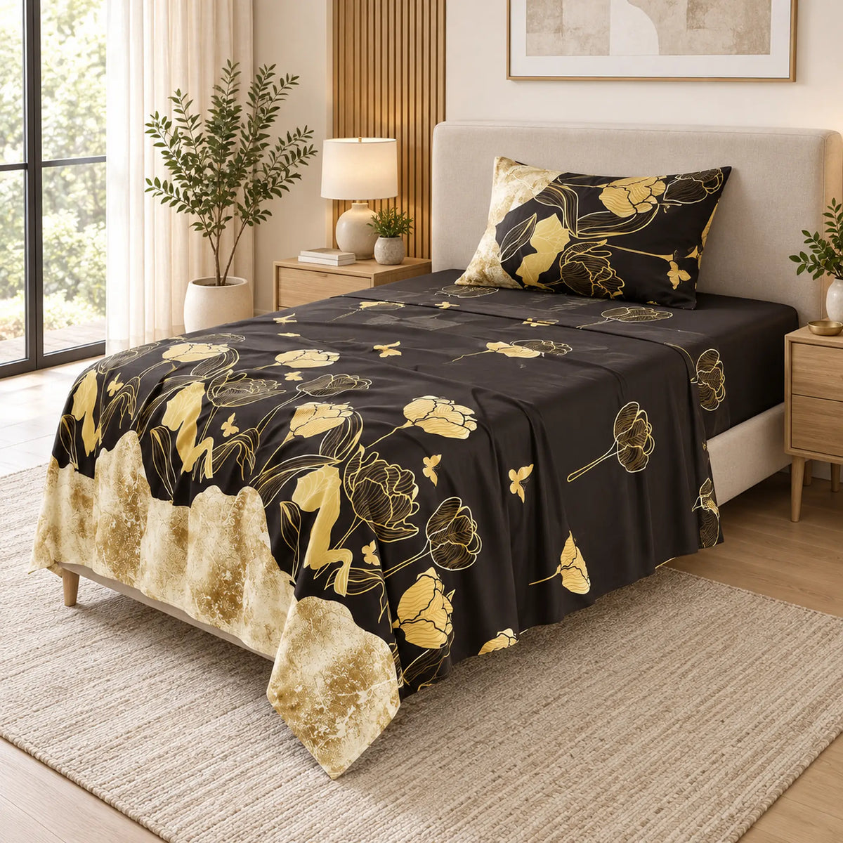 Juego de sábanas semimatrimonial 1.20 m, diseño Flores Doradas Fondo Negro – vista principal