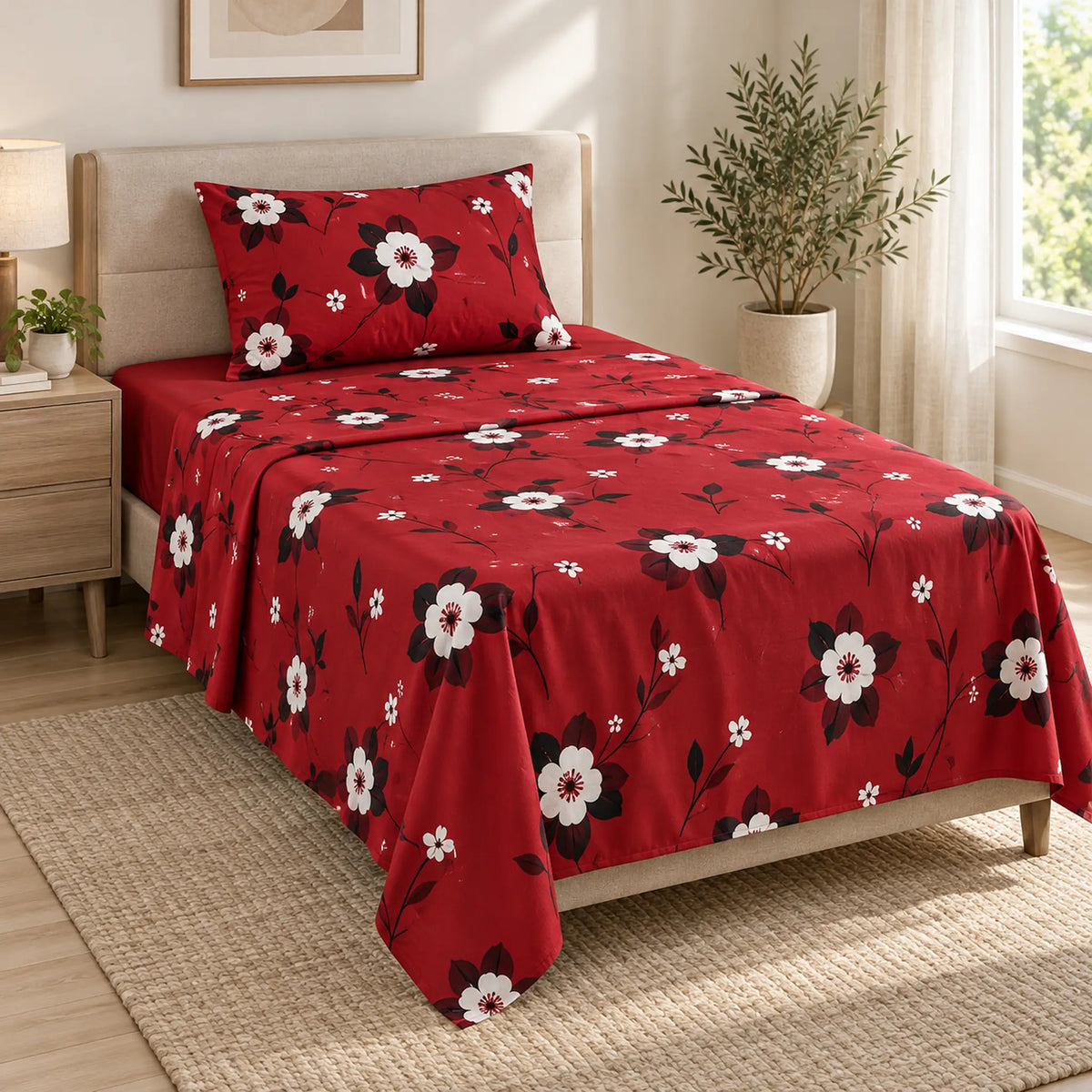 Juego de sábanas semimatrimonial 1.20 m, diseño Flores Blancas Fondo Rojo – vista principal