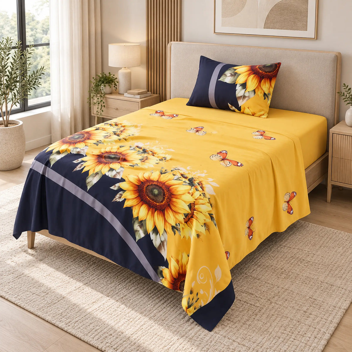 Juego de sábanas semimatrimonial 1.20 m, diseño Girasoles y Mariposas Amarillas – vista principal