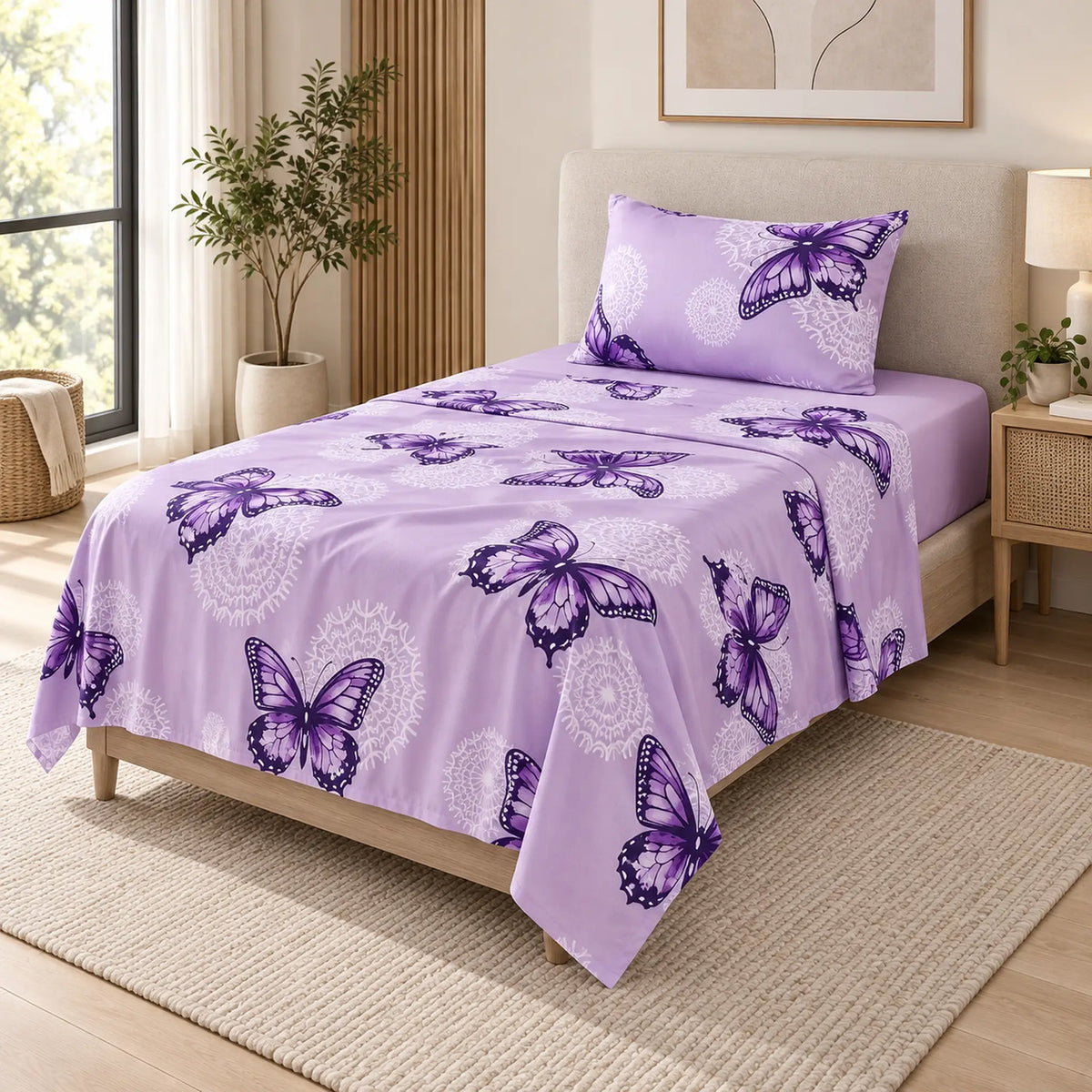 Juego de sábanas semimatrimonial 1.20 m, diseño Mariposas Lila – vista principal