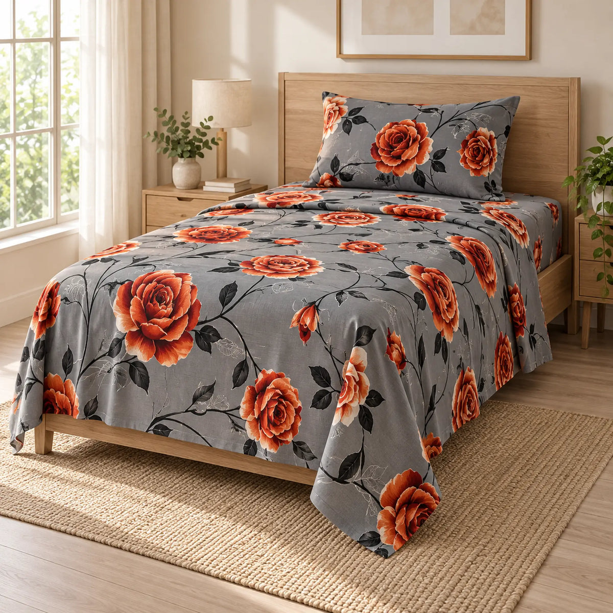 Juego de sábanas semimatrimonial 1.20 m, diseño Rosas Naranjas Fondo Gris – vista principal