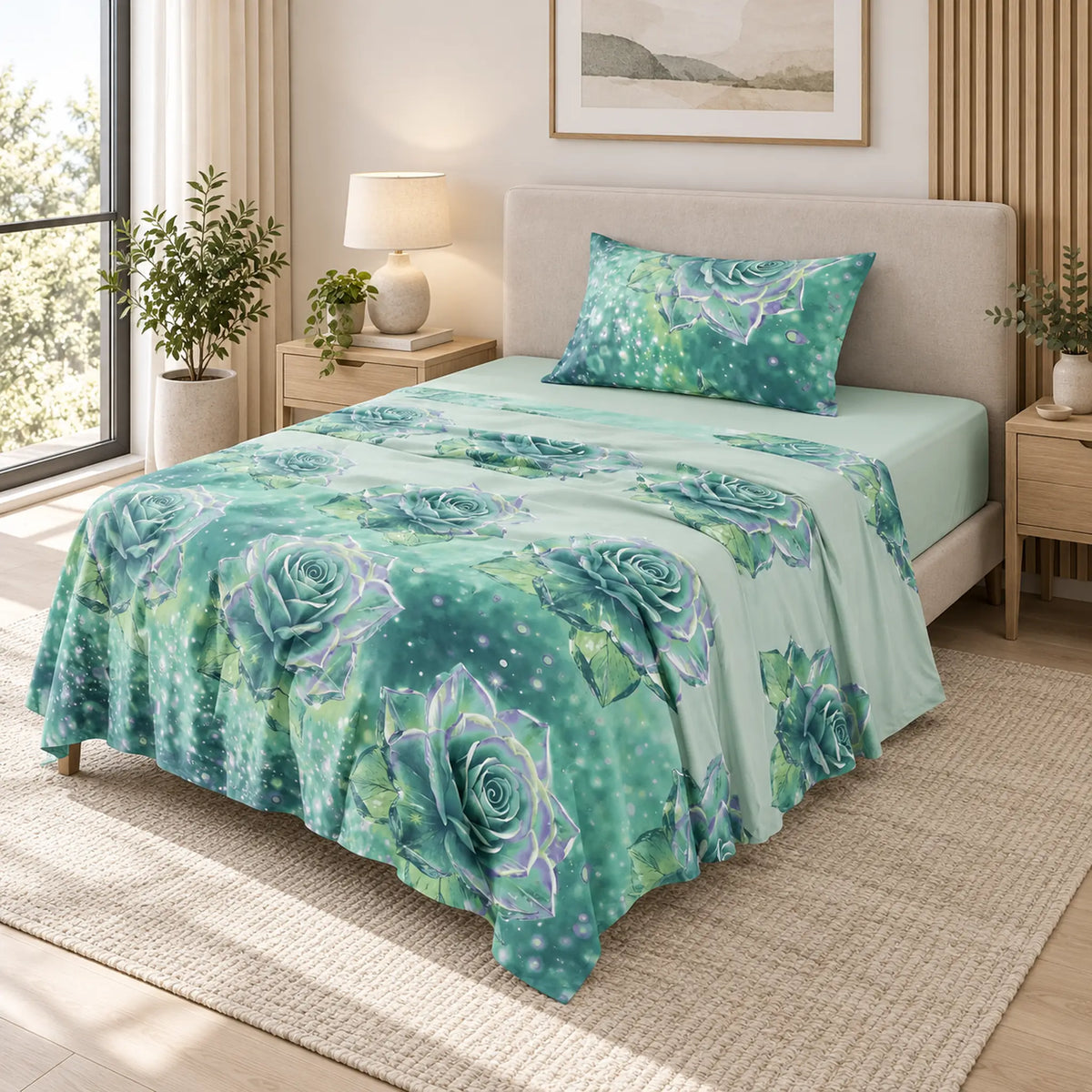 Juego de sábanas semimatrimonial 1.20 m, diseño Rosas Verde Agua – vista principal