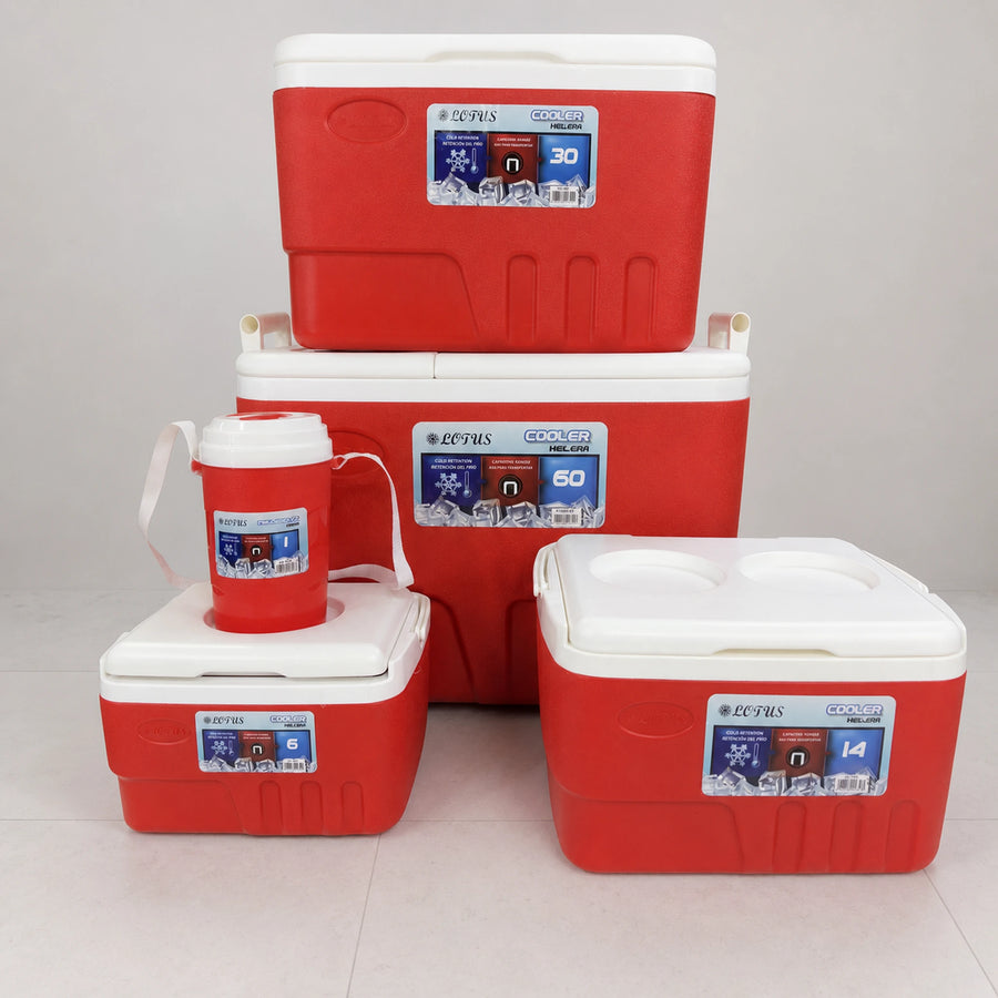 Set de hieleras Lotus en rojo: 60, 30, 14 y 6 litros más jarra térmica de 1 litro