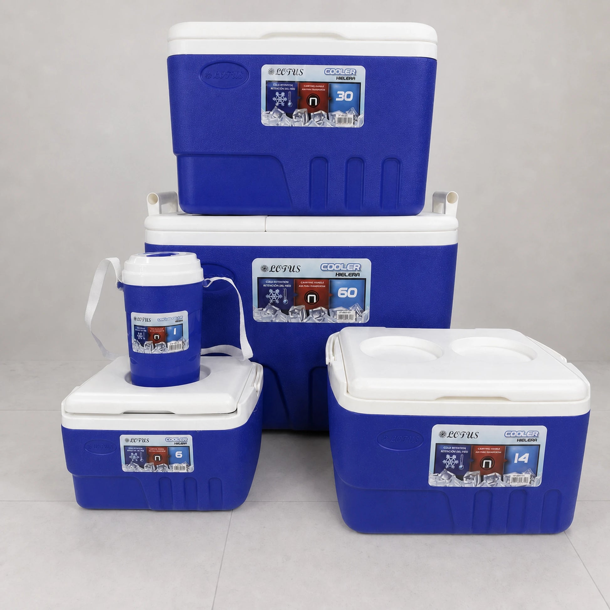 Set de hieleras Lotus en azul: 60, 30, 14 y 6 litros más jarra térmica de 1 litro