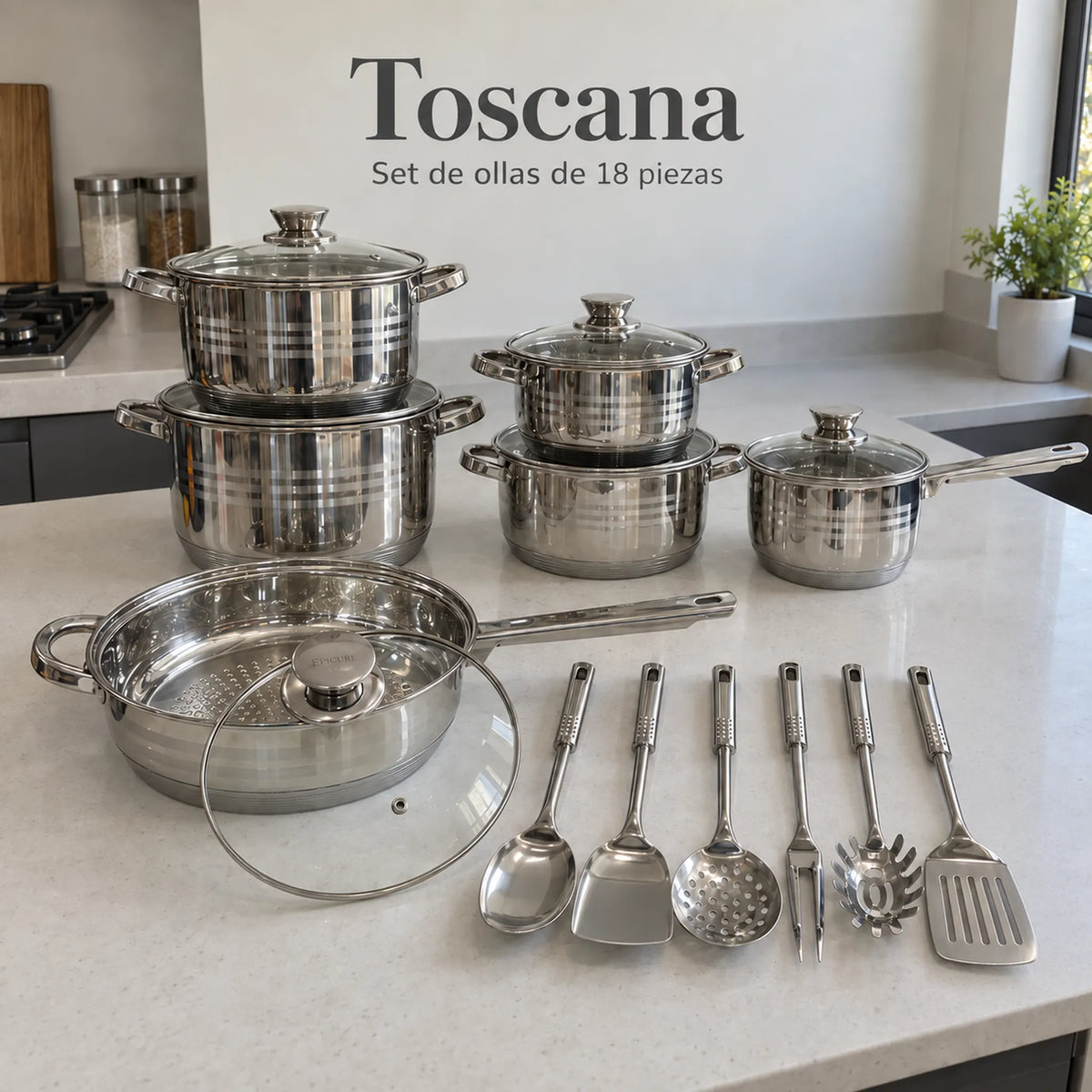 Batería de cocina Toscana Epicure de 18 piezas completa, acero inoxidable con tapas de vidrio