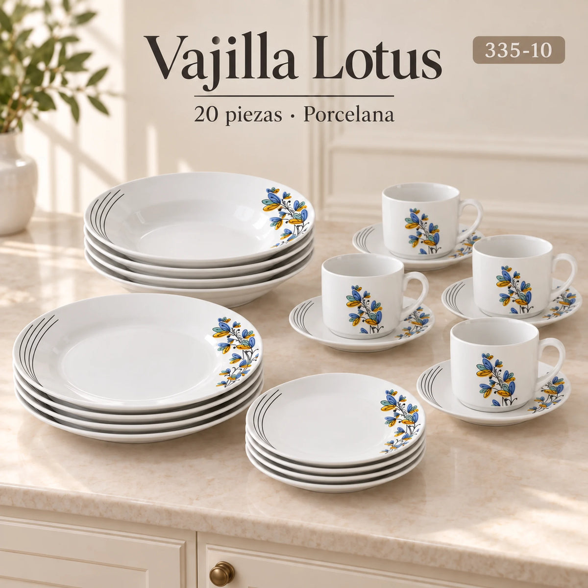 Vajilla de porcelana Lotus, diseño Mariposas Aqua, 20 piezas