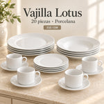 Vajilla de porcelana Lotus, diseño Blanco Clásico, 20 piezas
