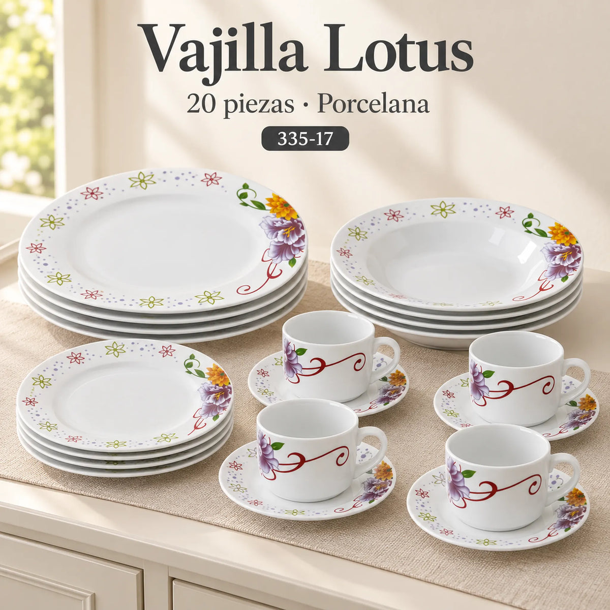 Vajilla de porcelana Lotus, diseño Jardín Primavera, 20 piezas