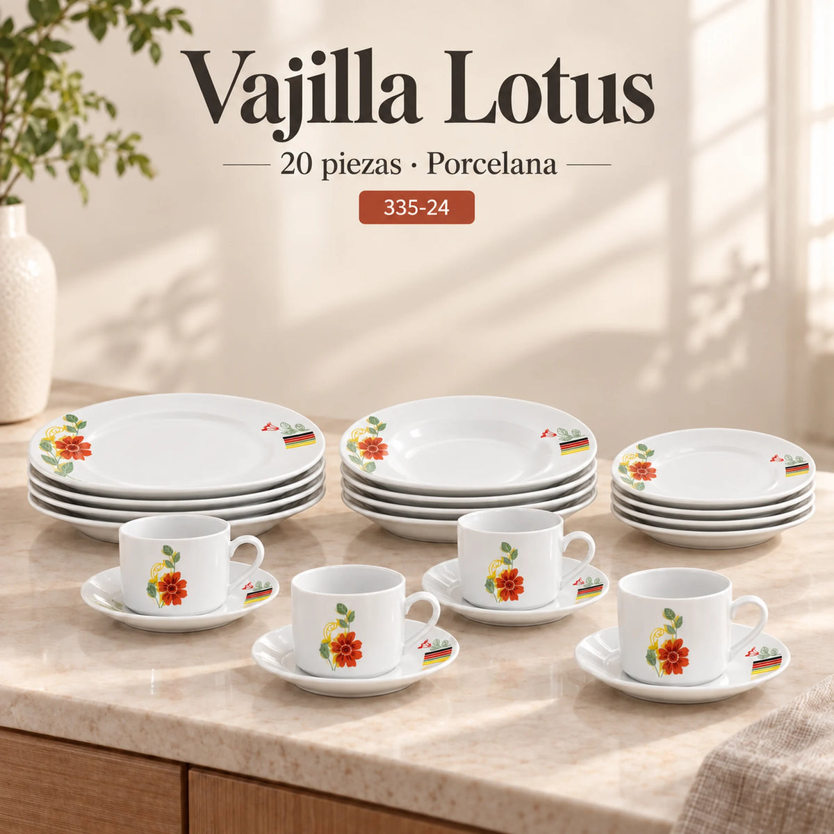 Vajilla de porcelana Lotus, diseño Tulipán Lineal, 20 piezas