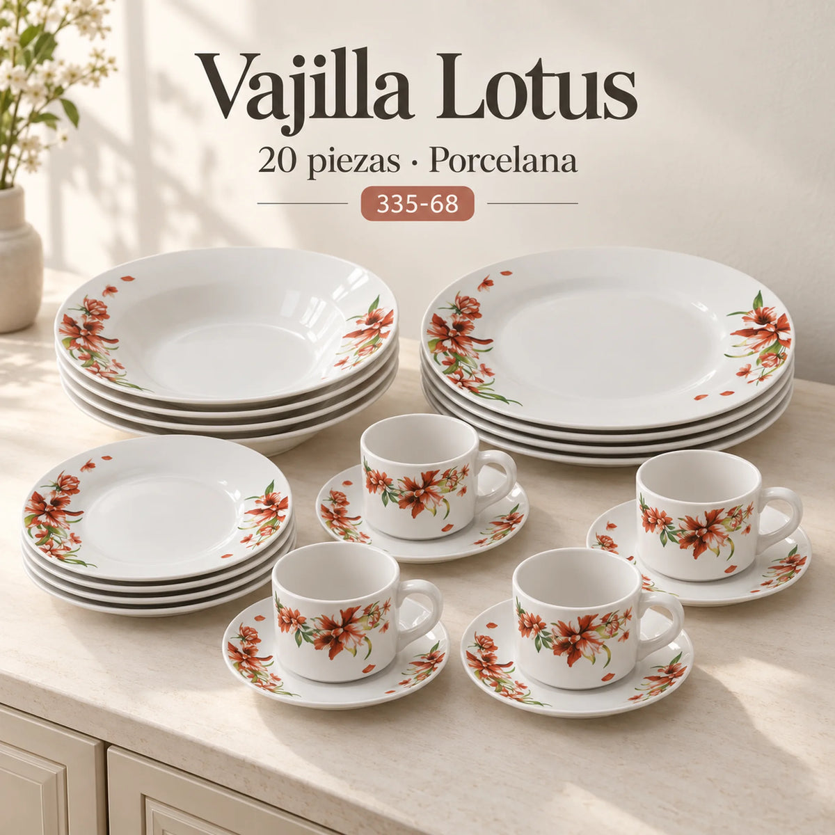 Vajilla de porcelana Lotus, diseño Lirio Coral, 20 piezas