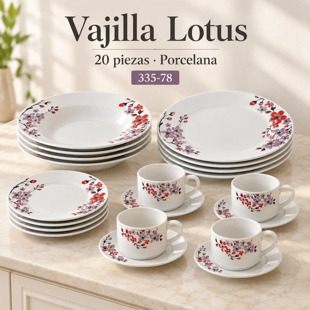 Vajilla de porcelana Lotus, diseño Flor de Cerezo, 20 piezas