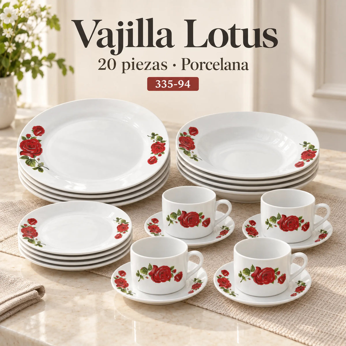 Vajilla de porcelana Lotus, diseño Rosa Imperial, 20 piezas