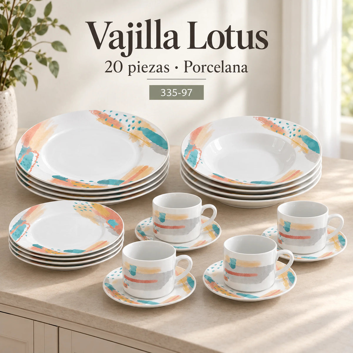 Vajilla de porcelana Lotus, diseño Acuarela Coral, 20 piezas