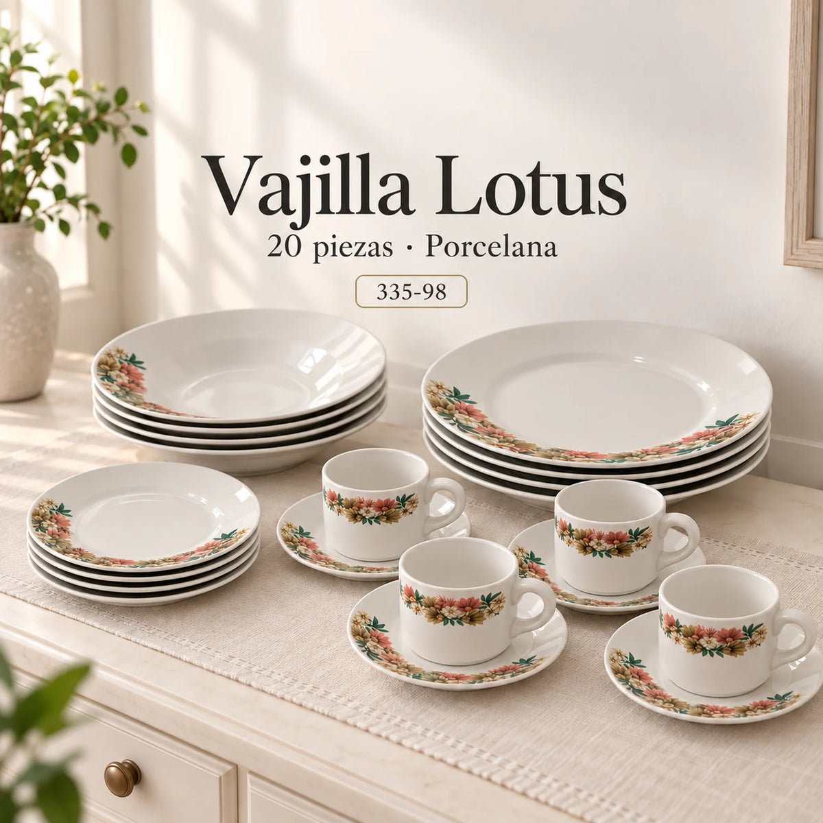 Vajilla de porcelana Lotus, diseño Jardín Toscana, 20 piezas