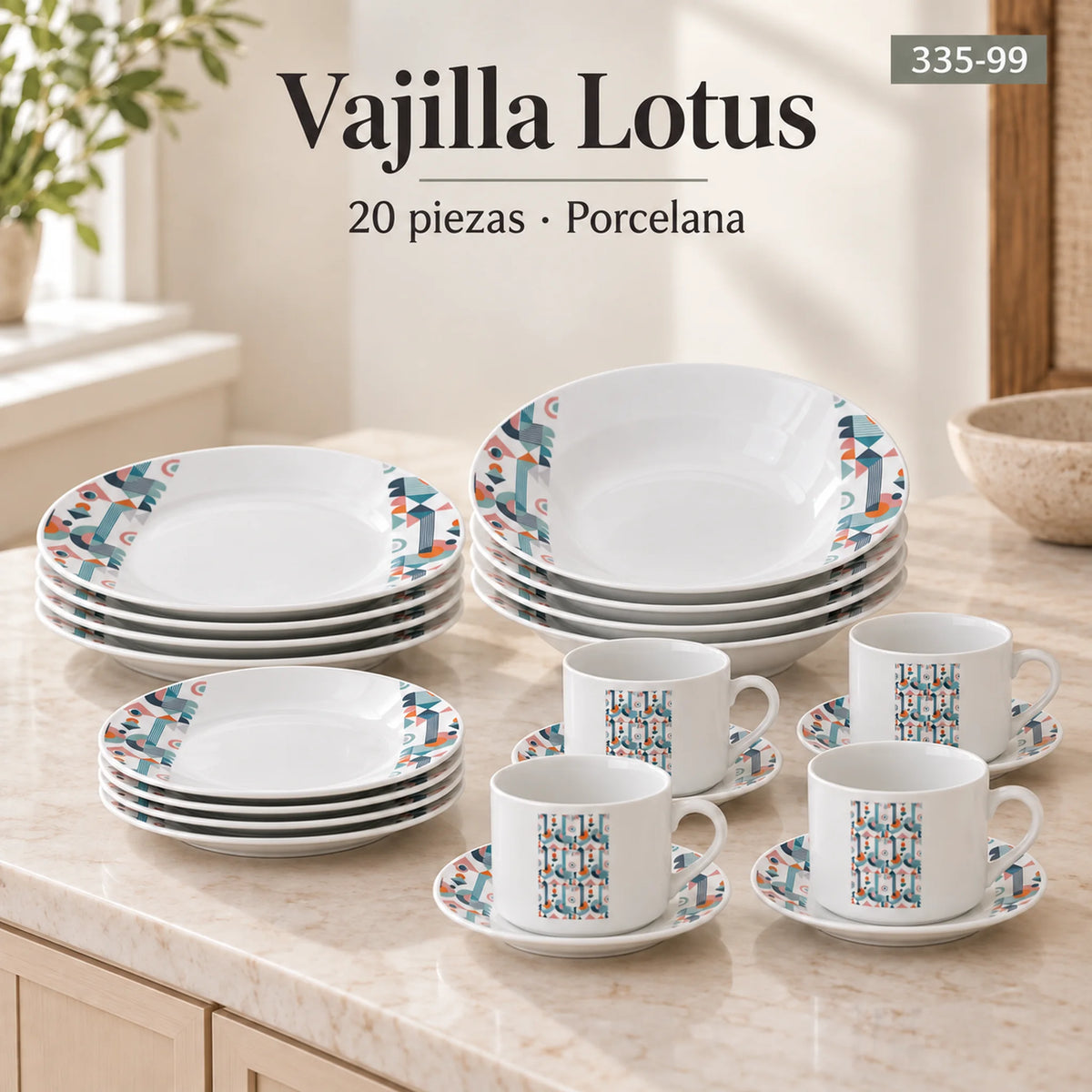 Vajilla de porcelana Lotus, diseño Mosaico Nórdico, 20 piezas