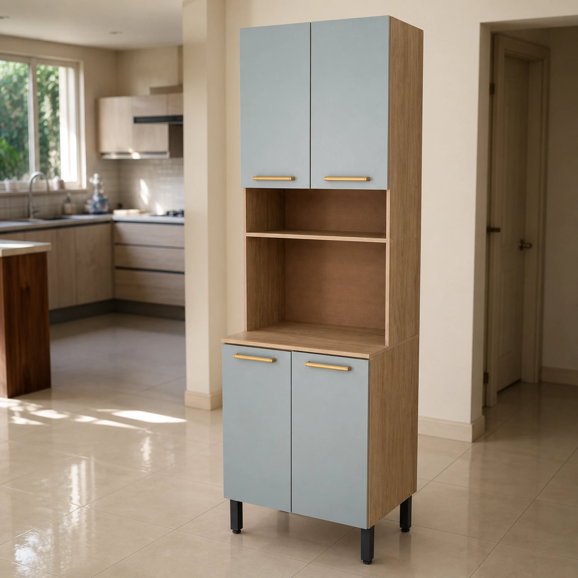Vista en ángulo de la alacena alta de cocina madera y celeste, ambientada en una cocina