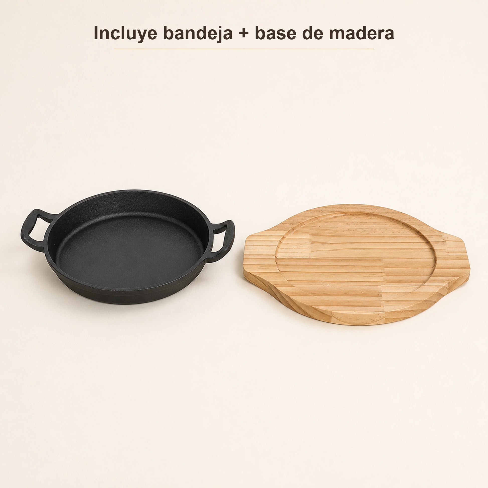 Qué incluye la bandeja de hierro fundido: bandeja y base de madera