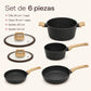 Contenido de la batería de cocina Negro: cacerola, olla, 2 sartenes y sus tapas de vidrio