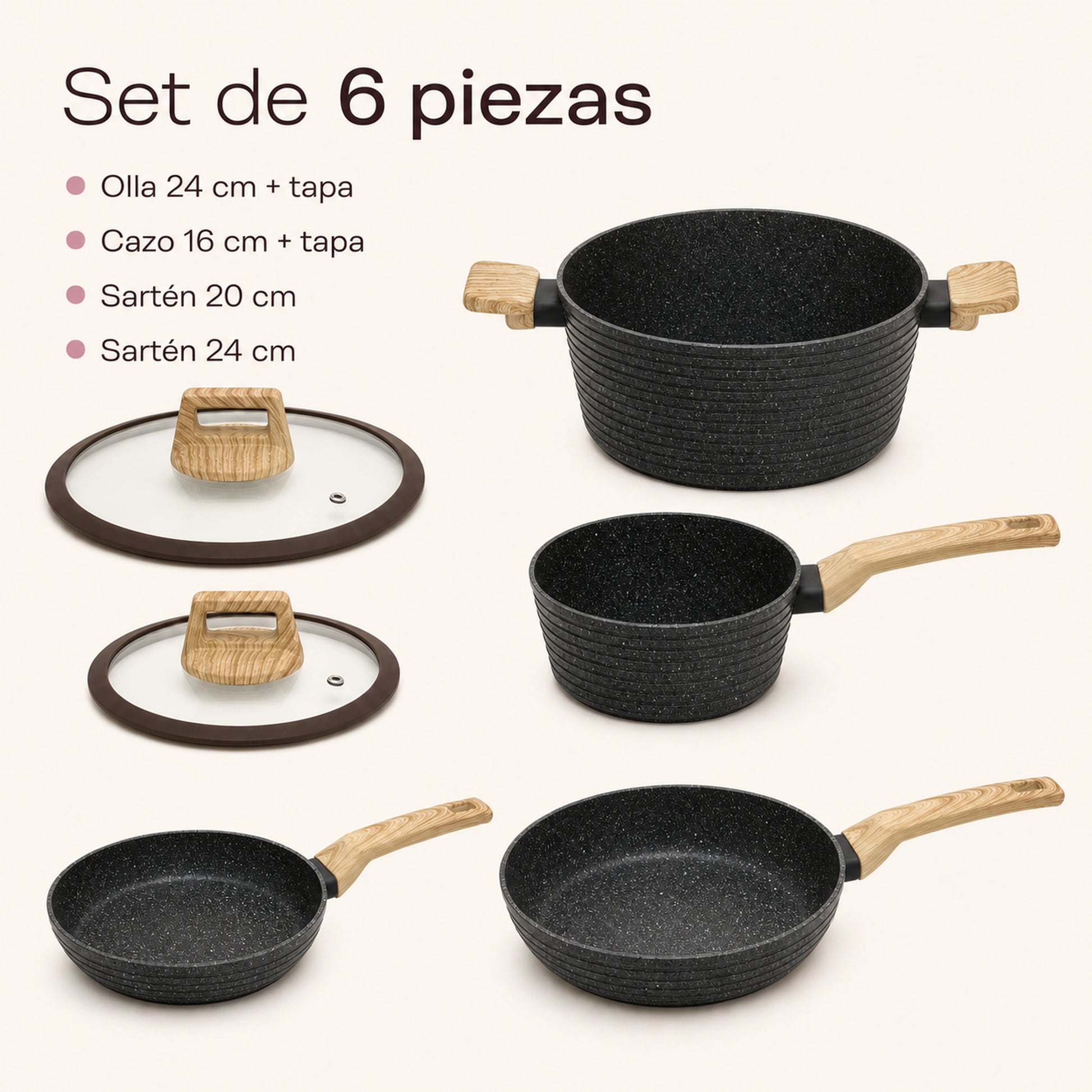 Contenido de la batería de cocina Negro: cacerola, olla, 2 sartenes y sus tapas de vidrio