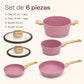 Contenido de la batería de cocina Rosa: cacerola, olla, 2 sartenes y sus tapas de vidrio