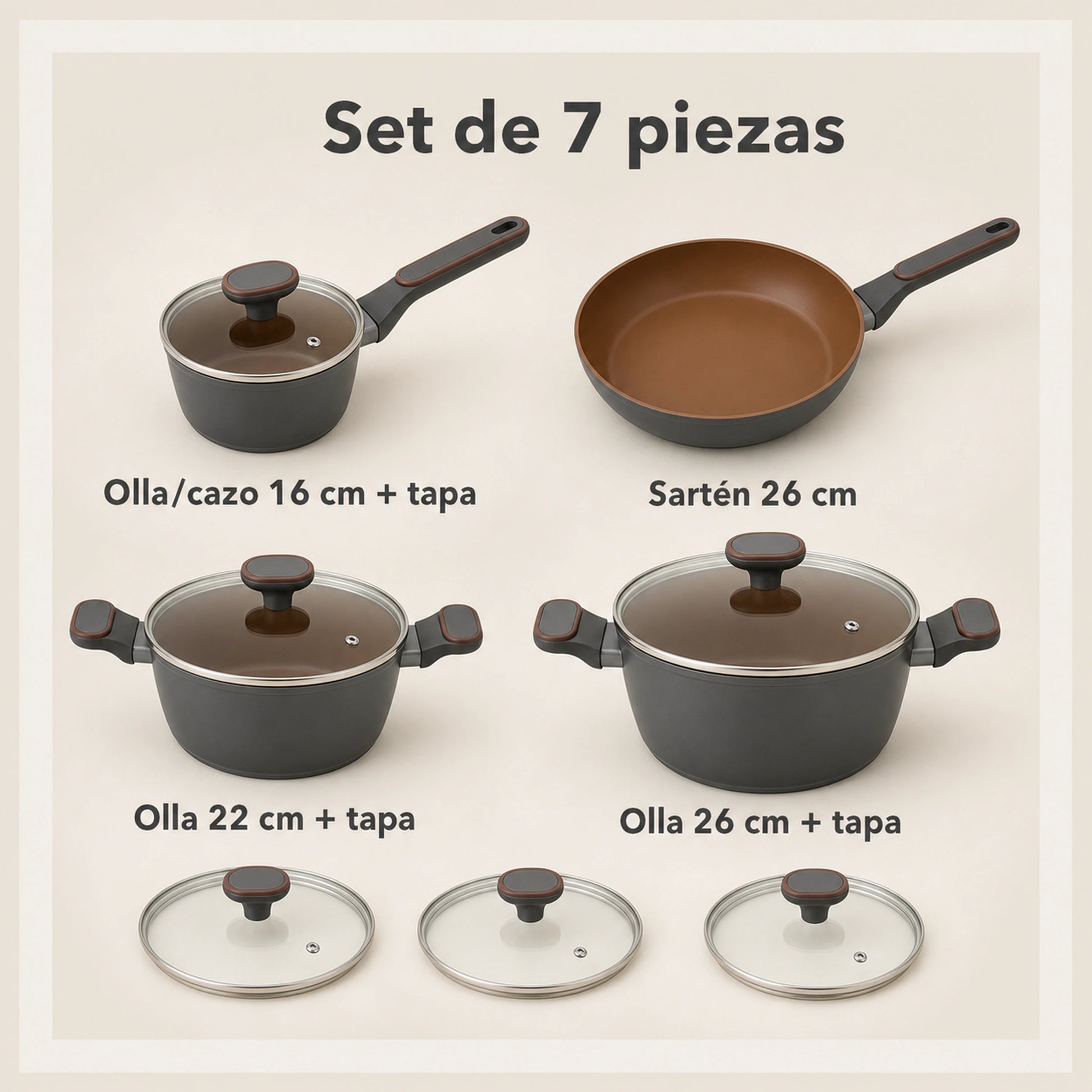 Contenido del set: 3 ollas con tapa de vidrio y 1 sartén de la batería de cocina MODERN Collection