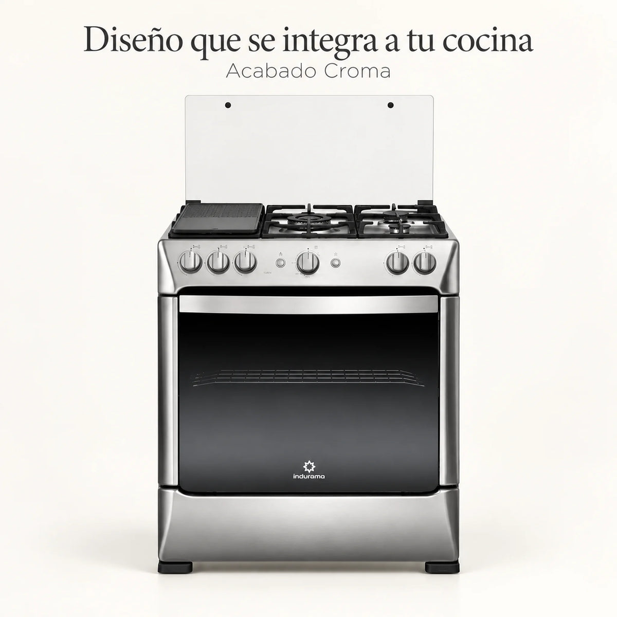 Cocina a Gas Indurama Turín Zafiro, vista frontal con acabado Croma