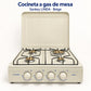 Vista frontal de la cocina a gas de mesa Sankey Linda en color beige