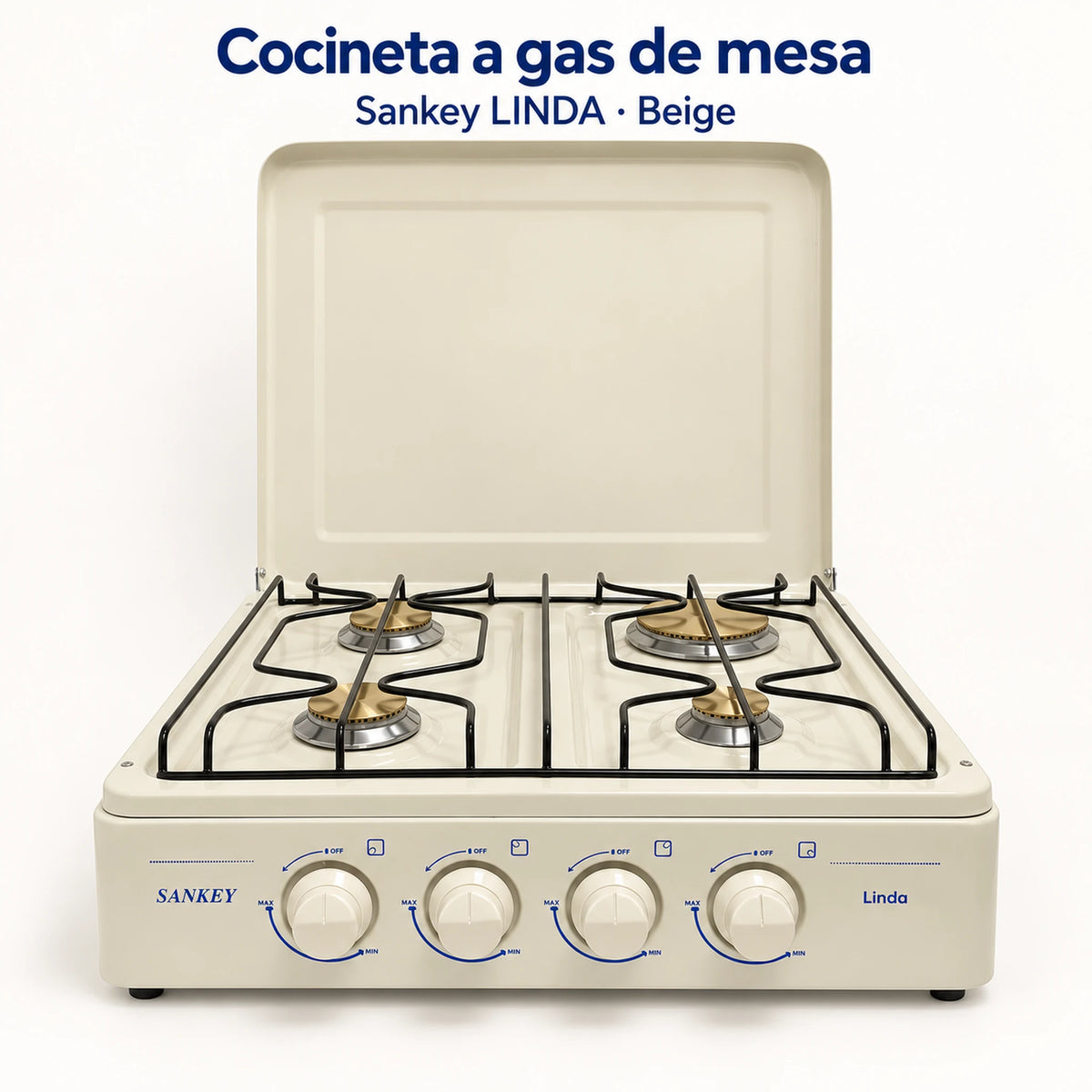 Vista frontal de la cocina a gas de mesa Sankey Linda en color beige