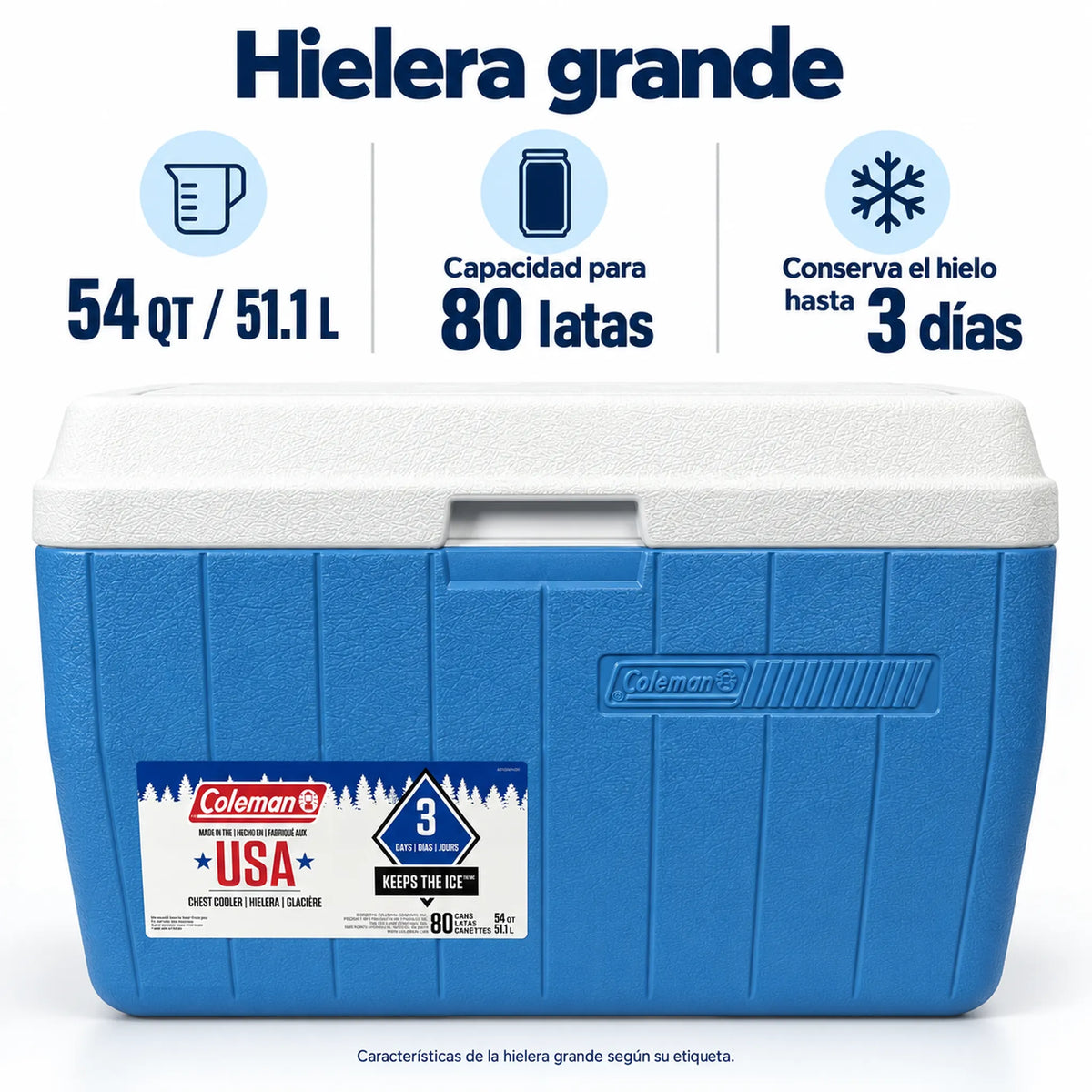 Hielera grande Coleman de 54 QT (51.1 L) con capacidad para 80 latas