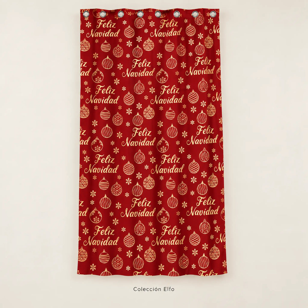 Cortina navideña Pasión Guajira Elfo roja con letras Feliz Navidad doradas – panel completo