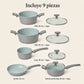 Contenido del set Hampton Marble de 9 piezas: ollas, cazo, sartenes y tapas