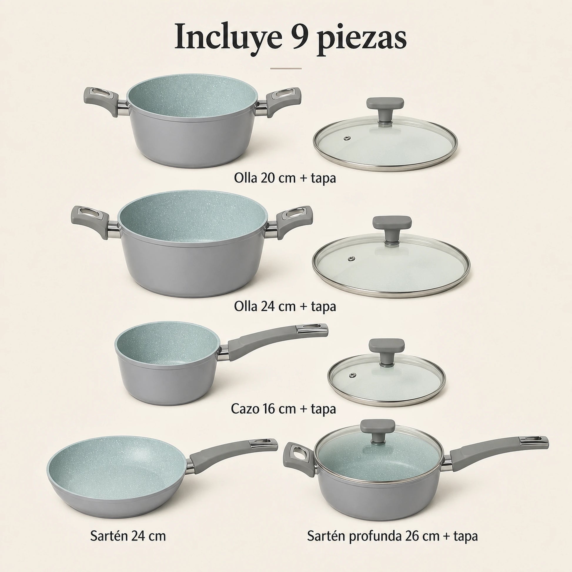 Contenido del set Hampton Marble de 9 piezas: ollas, cazo, sartenes y tapas