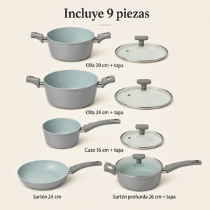 Contenido del set Hampton Marble de 9 piezas: ollas, cazo, sartenes y tapas