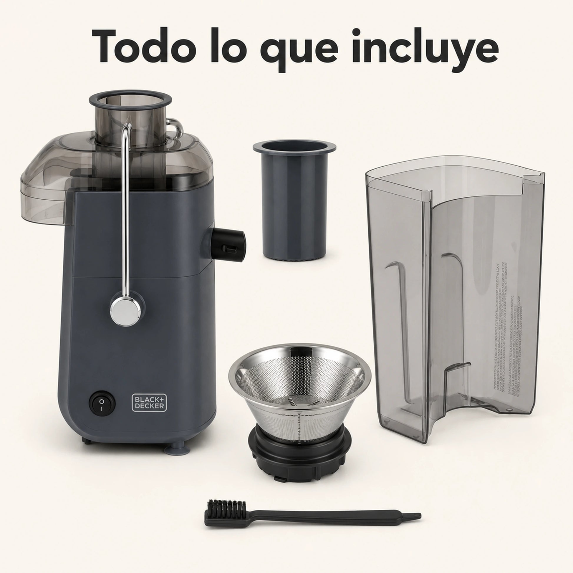 Extractor de jugos Black + Decker con las piezas y accesorios incluidos